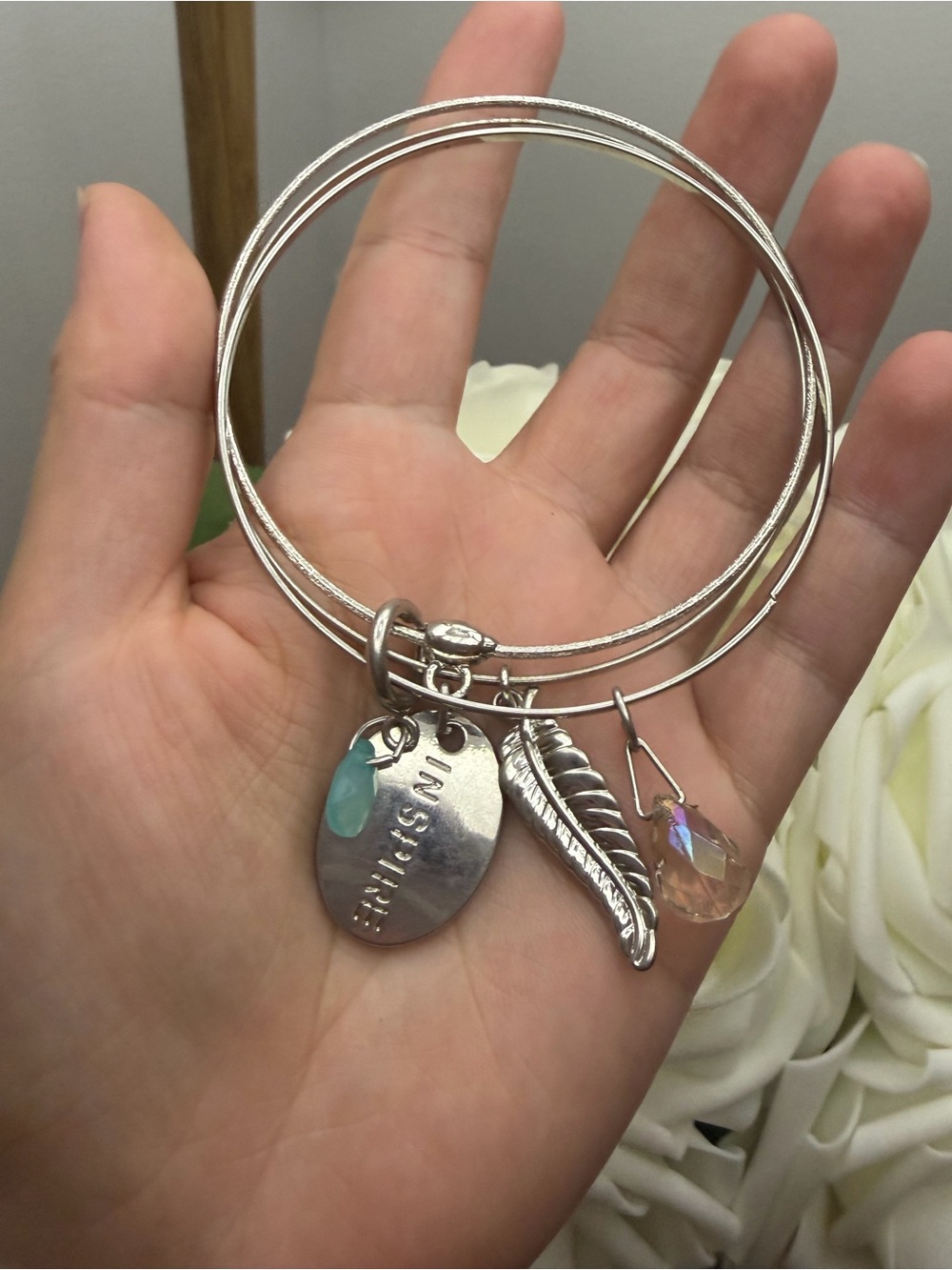 Silver Tone Charm Bangle Bracelet with Aqua and Iridescent Accents